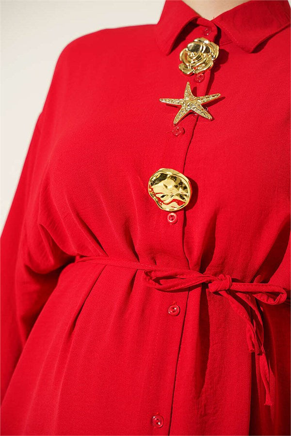 Two-Piece Set with Star Embellished Long Tunic, Red