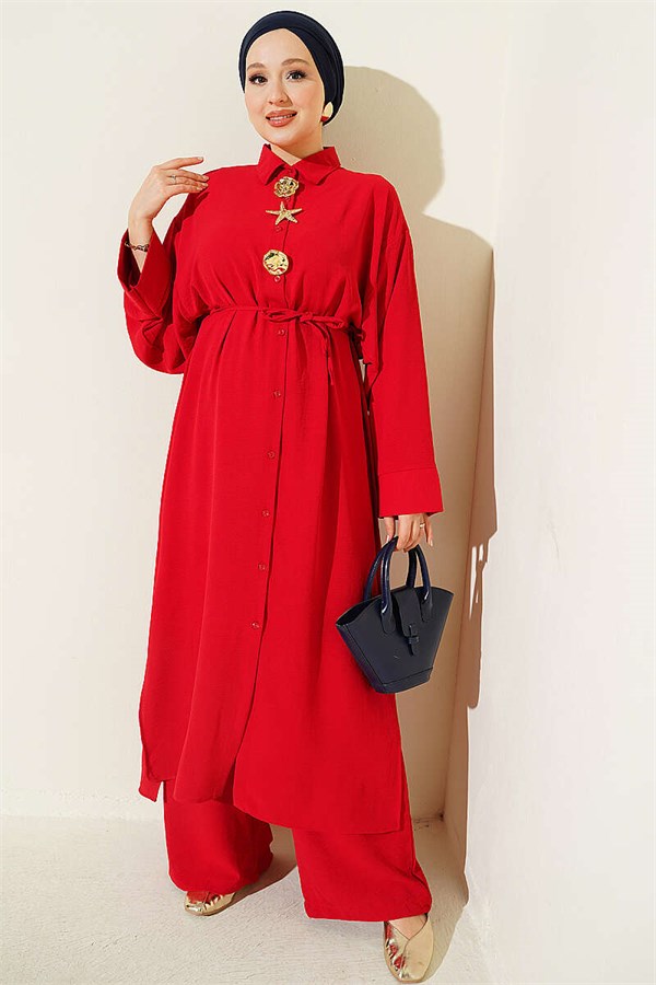 Two-Piece Set with Star Embellished Long Tunic, Red