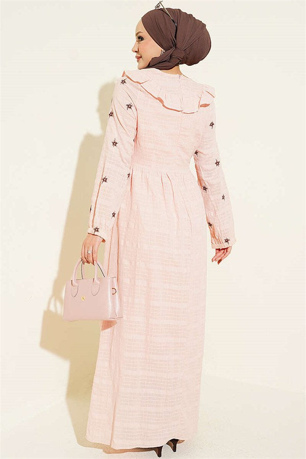 Pink Linen Dress with Star Embroidery