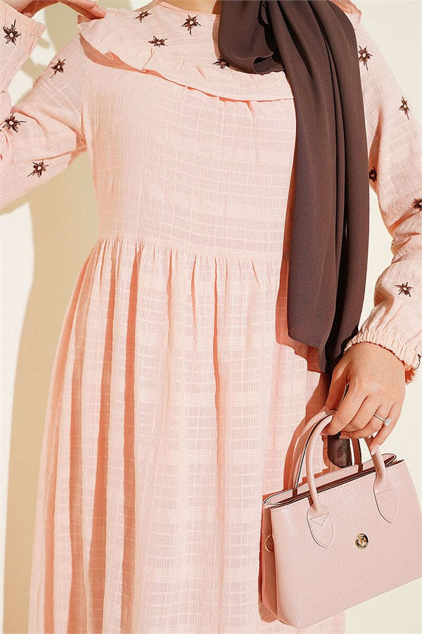 Pink Linen Dress with Star Embroidery