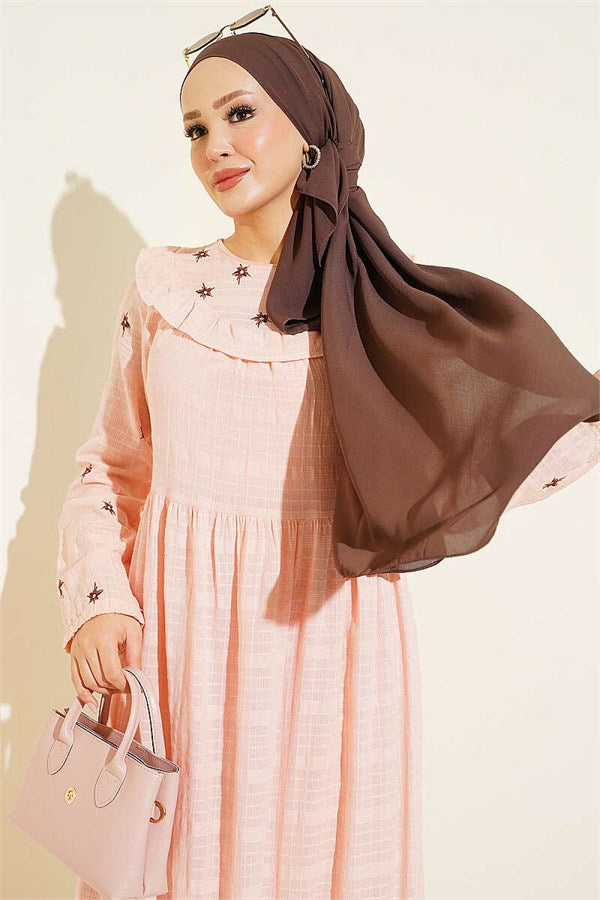 Pink Linen Dress with Star Embroidery