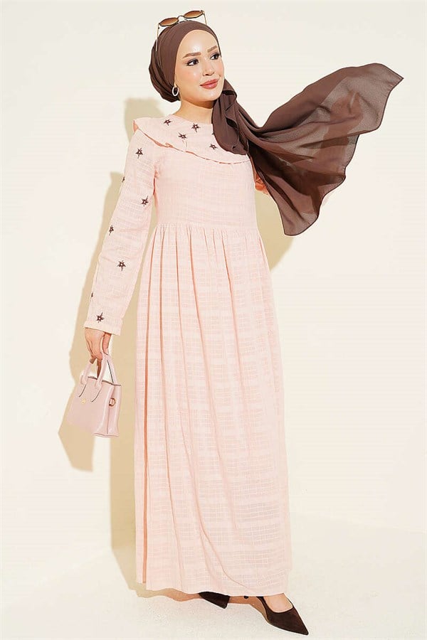 Pink Linen Dress with Star Embroidery
