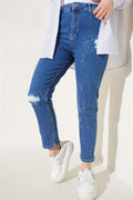 Ripped Detailed Stoned Skinny Leg Denim Trousers Jeans