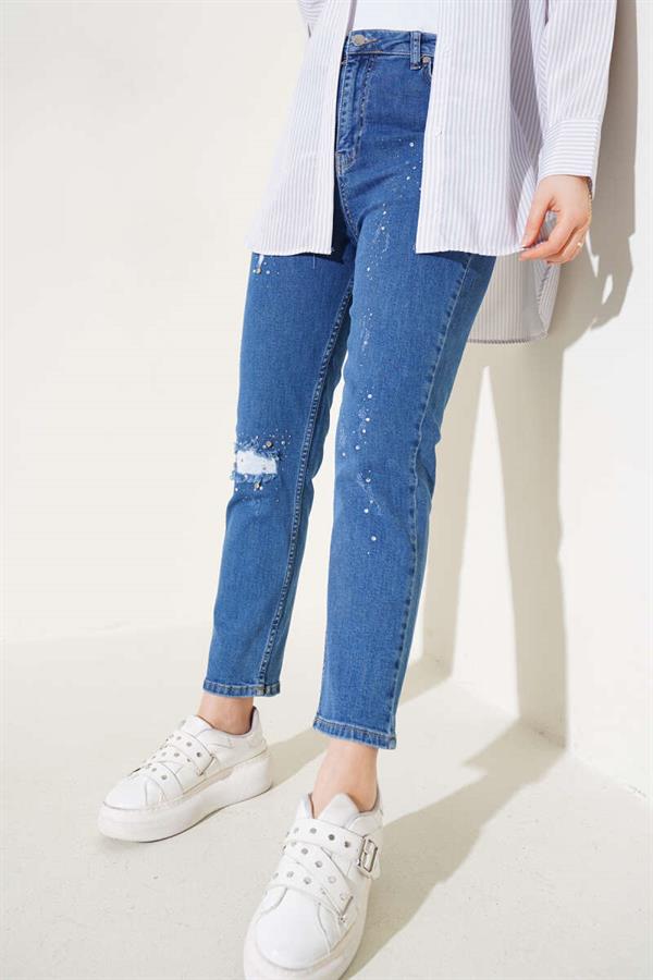 Ripped Detailed Stoned Skinny Leg Denim Trousers Jeans