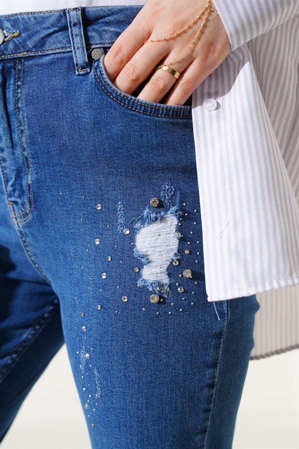 Ripped Detailed Stoned Skinny Leg Denim Trousers Jeans