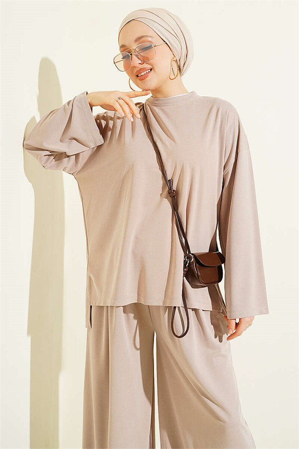 Basic Two-Piece Set with Slit Detail, Beige