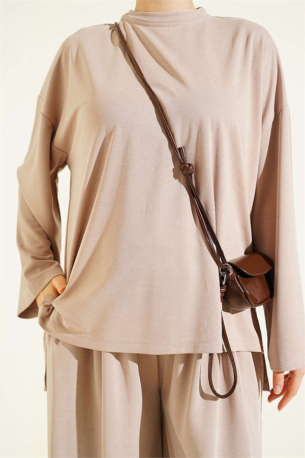 Basic Two-Piece Set with Slit Detail, Beige