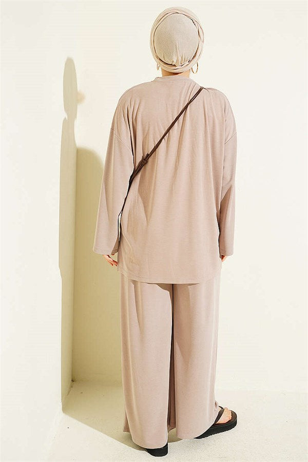 Basic Two-Piece Set with Slit Detail, Beige