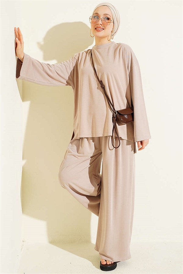 Basic Two-Piece Set with Slit Detail, Beige
