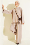 Basic Two-Piece Set with Slit Detail, Beige