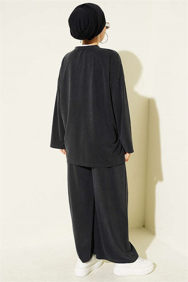 Basic Two-Piece Set with Slit Detail, Smoke Grey