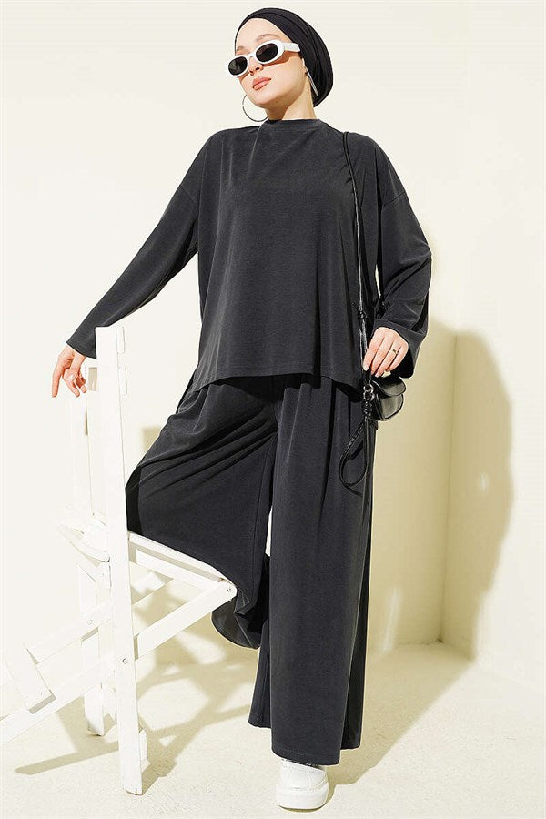 Basic Two-Piece Set with Slit Detail, Smoke Grey