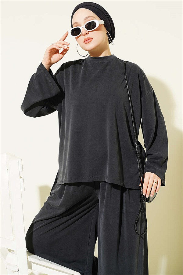 Basic Two-Piece Set with Slit Detail, Smoke Grey