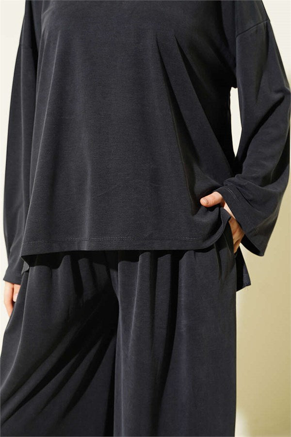 Basic Two-Piece Set with Slit Detail, Smoke Grey