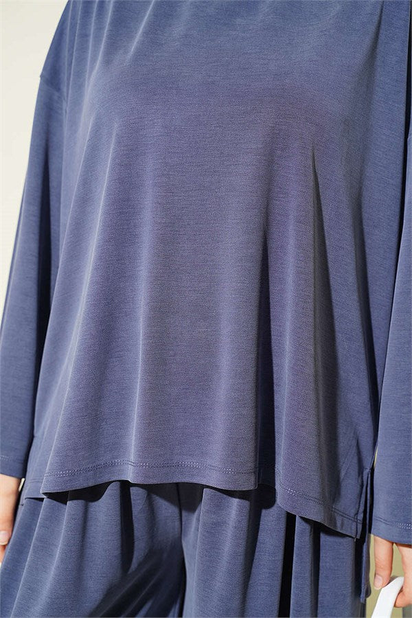 Basic Two-Piece Set with Slit Detail, Indigo