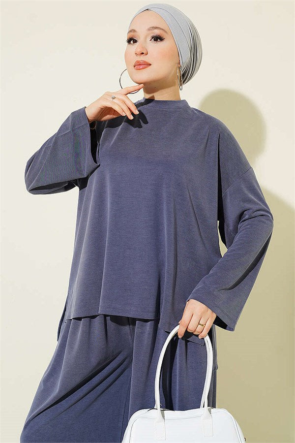 Basic Two-Piece Set with Slit Detail, Indigo