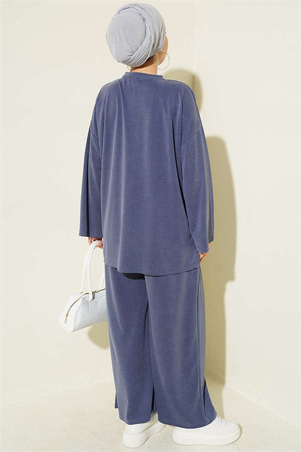 Basic Two-Piece Set with Slit Detail, Indigo