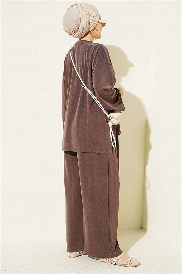 Basic Two-Piece Set with Slit Detail, Coffee