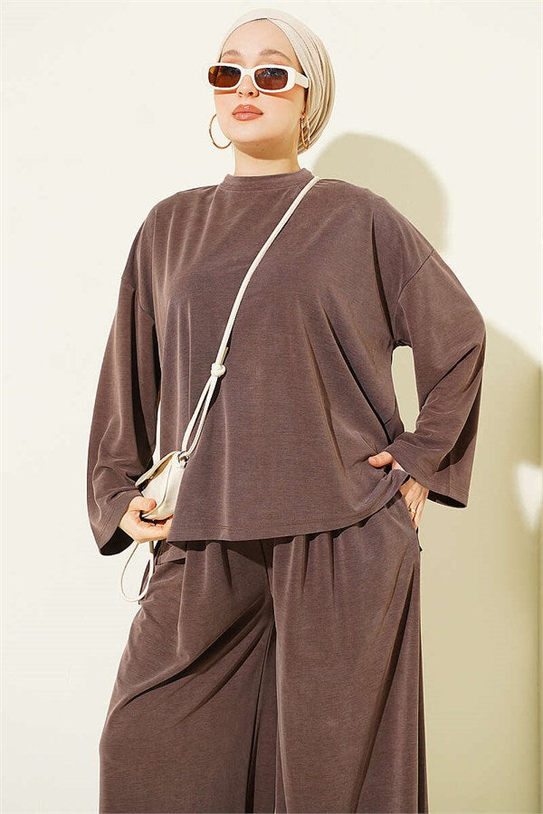 Basic Two-Piece Set with Slit Detail, Coffee