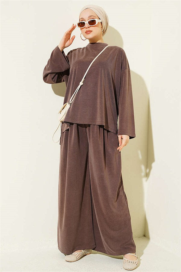 Basic Two-Piece Set with Slit Detail, Coffee