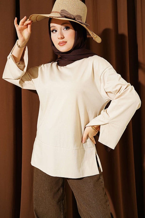 Beige Tunic with Wide Sleeves and Slit Detail