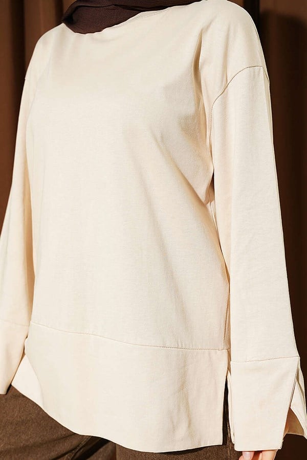 Beige Tunic with Wide Sleeves and Slit Detail