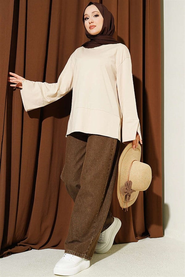 Beige Tunic with Wide Sleeves and Slit Detail