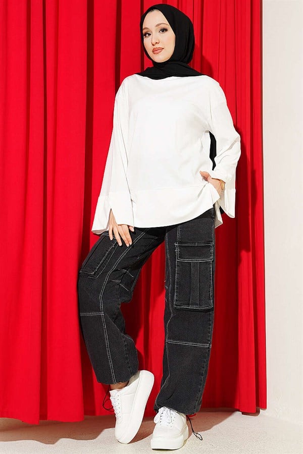 Tunic with Wide Sleeves and Slit Detail, Ecru