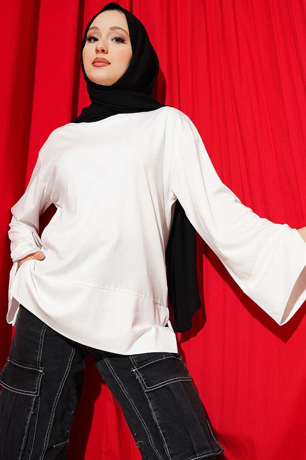 Tunic with Wide Sleeves and Slit Detail, Ecru