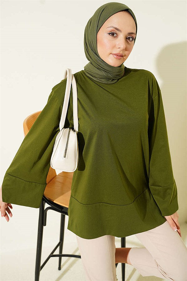 Wide-Sleeved Tunic with Slit Detail, Khaki