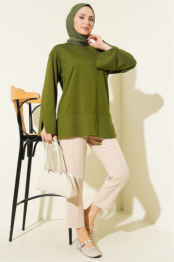 Wide-Sleeved Tunic with Slit Detail, Khaki