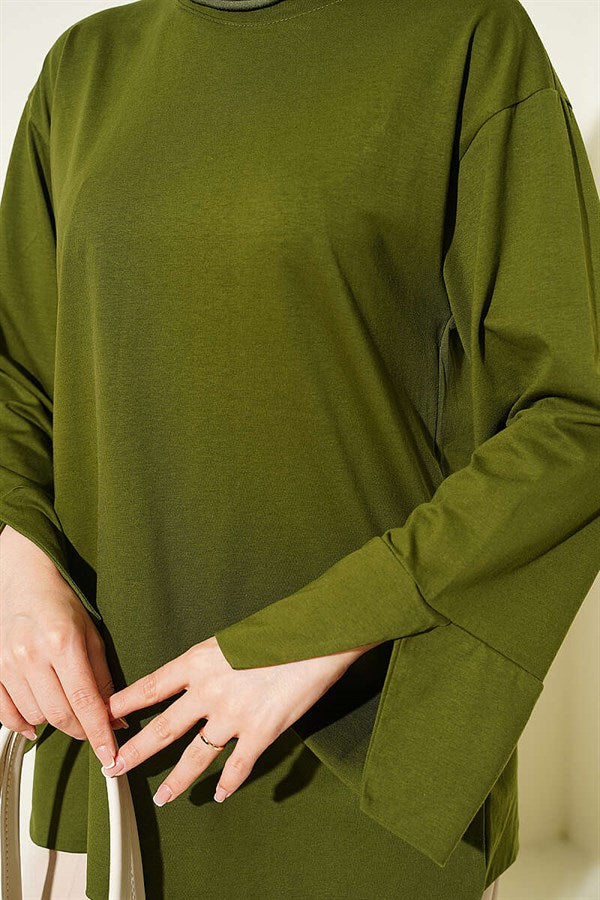 Wide-Sleeved Tunic with Slit Detail, Khaki