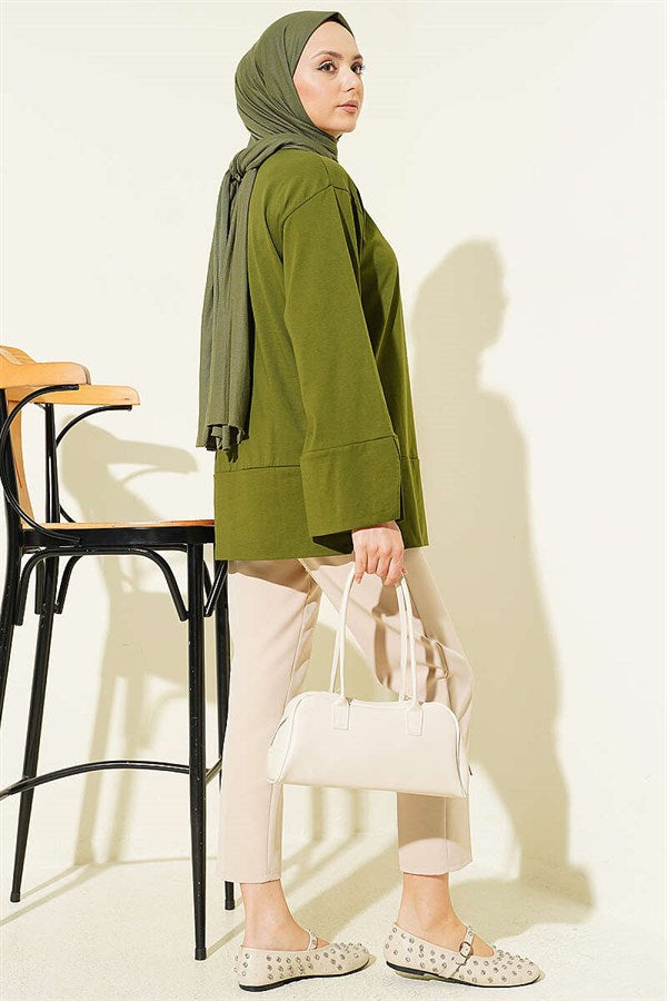 Wide-Sleeved Tunic with Slit Detail, Khaki