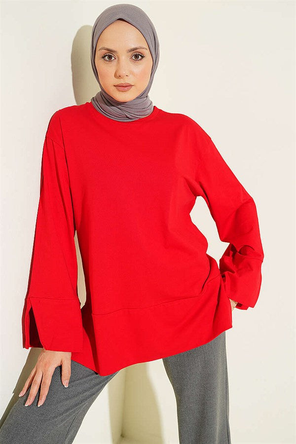 Red Tunic with Wide Sleeves and Slit Detail