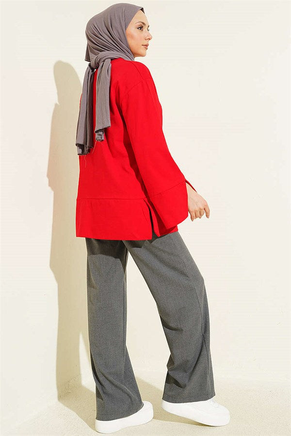 Red Tunic with Wide Sleeves and Slit Detail