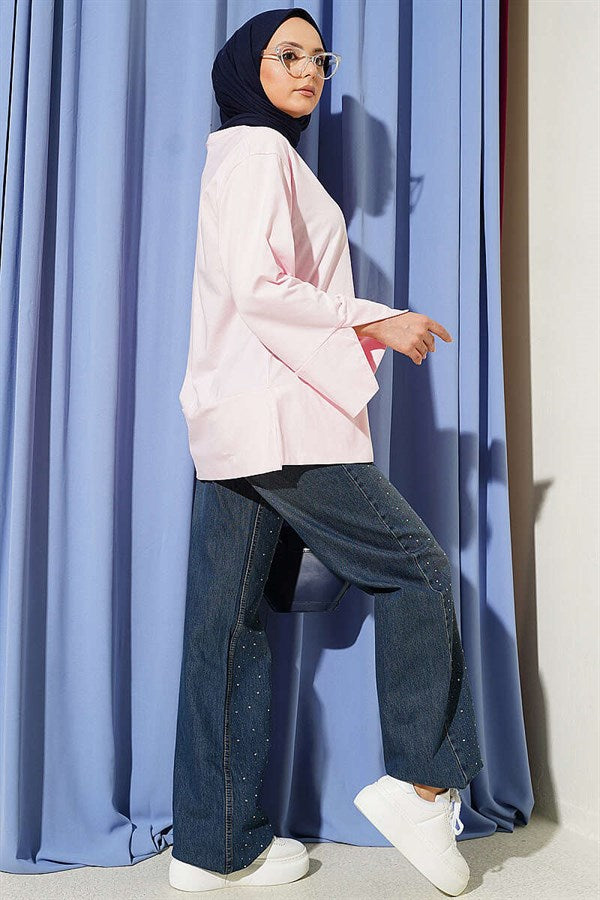 Pink Tunic with Wide Sleeves and Slit Detail