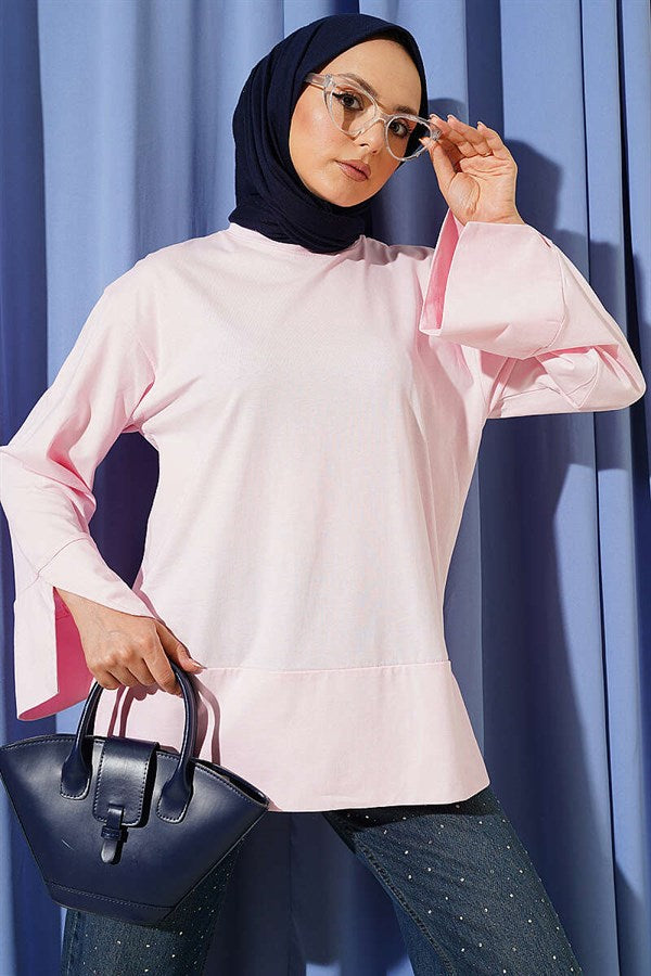 Pink Tunic with Wide Sleeves and Slit Detail