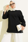 Black Tunic with Wide Sleeves and Slit Detail