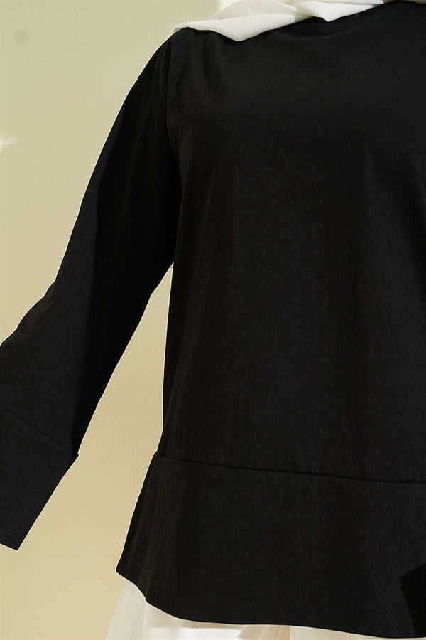 Black Tunic with Wide Sleeves and Slit Detail