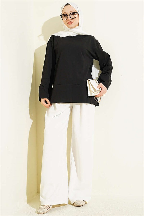 Black Tunic with Wide Sleeves and Slit Detail