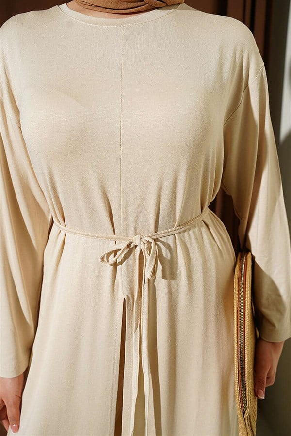 Long Tunic 2 Piece Set with Slit Detail and Drawstring, Beige
