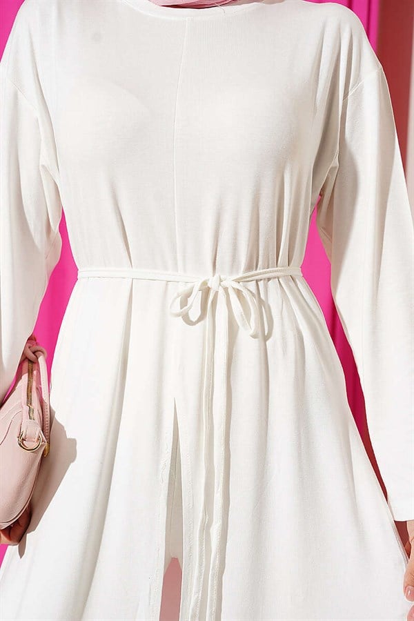 White Long Tunic 2 Piece Set with Slit Detail and Drawstring Belt