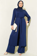 Navy Blue Long Tunic 2 Piece Set with Slit Detail and Drawstring Belt