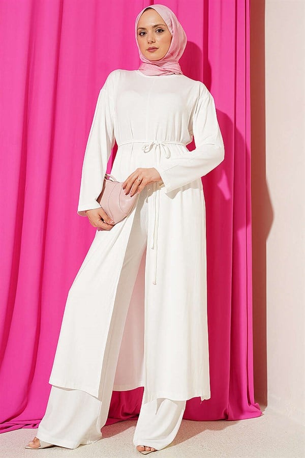White Long Tunic 2 Piece Set with Slit Detail and Drawstring Belt