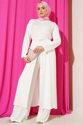 White Long Tunic 2 Piece Set with Slit Detail and Drawstring Belt