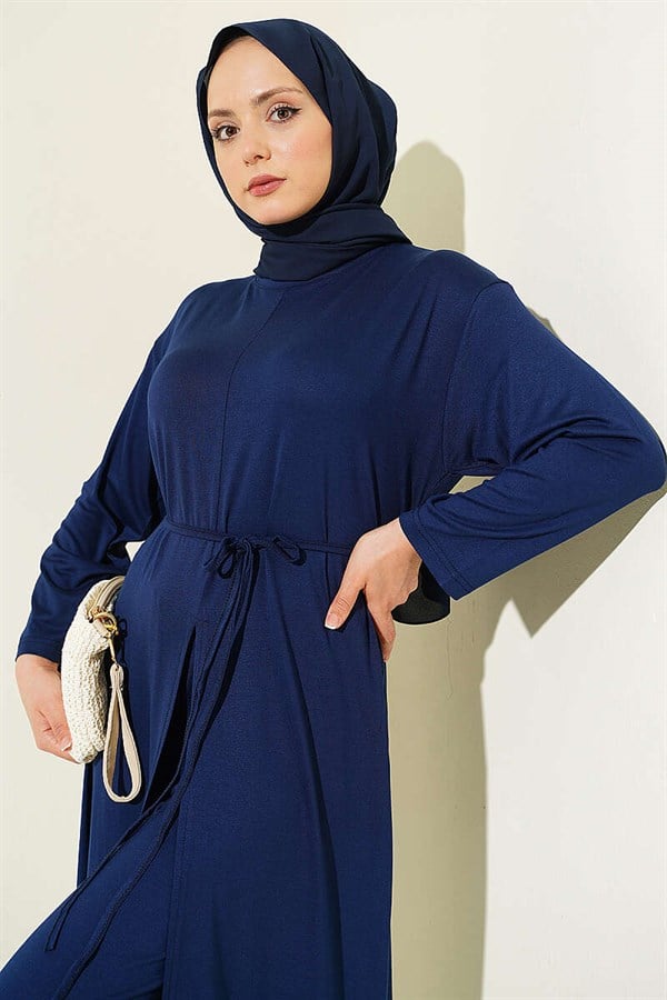 Navy Blue Long Tunic 2 Piece Set with Slit Detail and Drawstring Belt