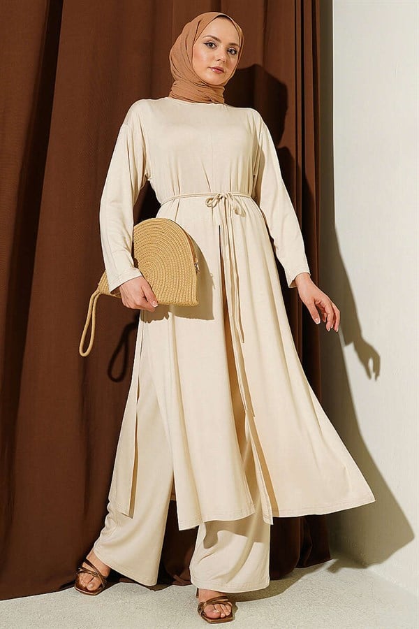 Long Tunic 2 Piece Set with Slit Detail and Drawstring, Beige