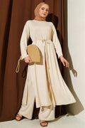 Long Tunic 2 Piece Set with Slit Detail and Drawstring, Beige