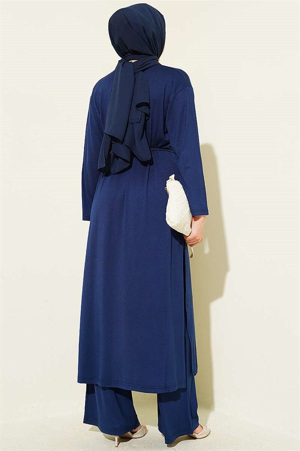 Navy Blue Long Tunic 2 Piece Set with Slit Detail and Drawstring Belt