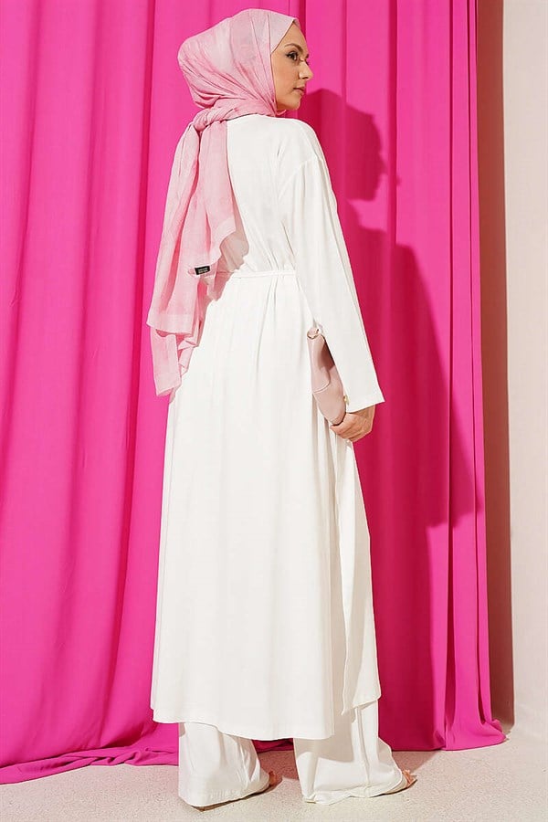 White Long Tunic 2 Piece Set with Slit Detail and Drawstring Belt